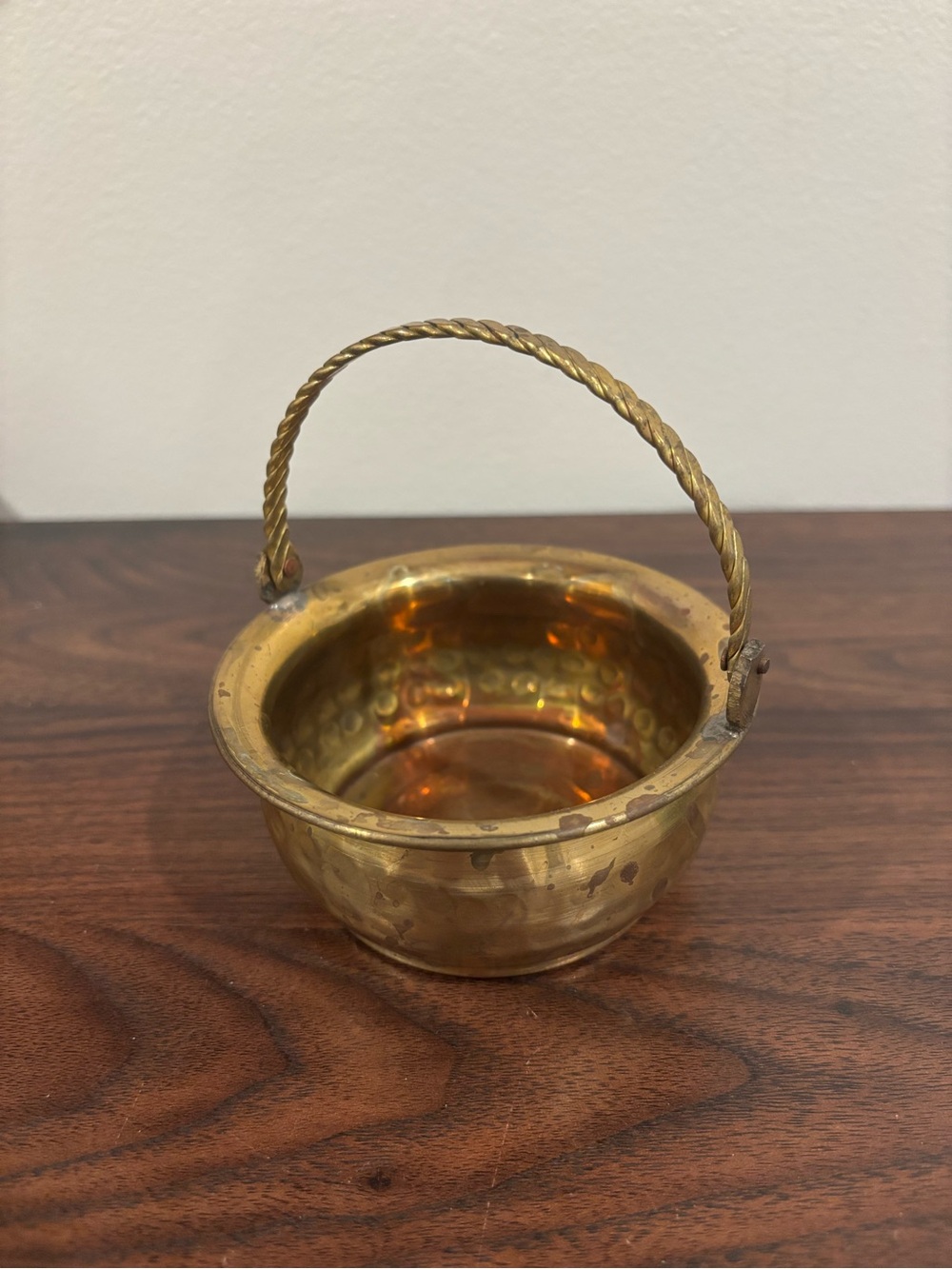 Vintage Brass Small Pot Trinket Bowl Basket With Swing Handle India